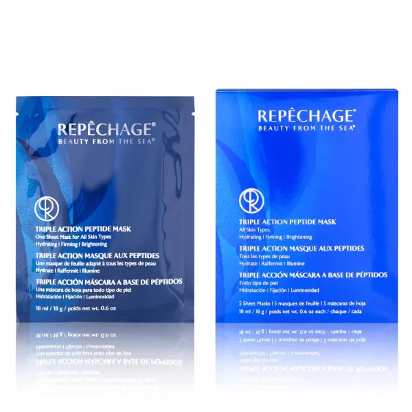 Repechage Triple Action Multi Peptide Mask Hydrating, Smoothing Cooling Seaweed Based Facial Sheet Mask for All Skin Types, Weekly Skincare Ritual 5 Pre Saturated Paper Sheets