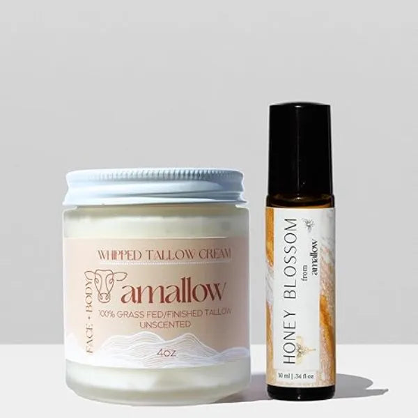 Amallow Grass Fed Beef Tallow Skincare & Perfume Set Whipped Moisturizer for Face & Body (Unscented) + All Natural Perfume Roller (Honey Blossom)