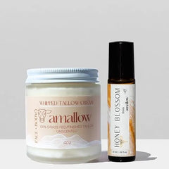 Amallow Grass Fed Beef Tallow Skincare & Perfume Set Whipped Moisturizer for Face & Body (Unscented) + All Natural Perfume Roller (Honey Blossom)