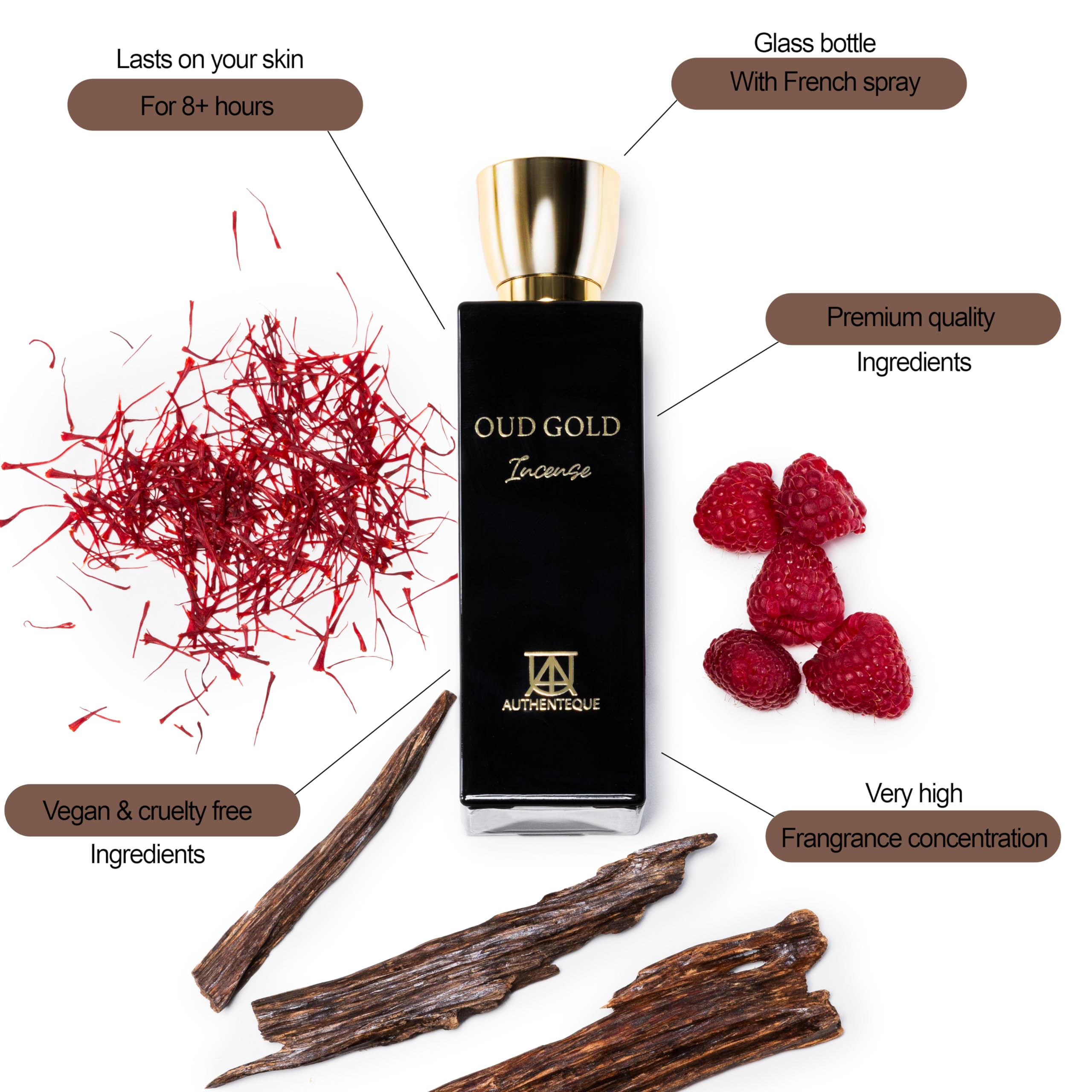 AUTHENTEQUE - Oud Gold Incense - Perfumes for Women & Men - Inspired by LV Ombré Nomade - Luxury - Strong & Seductive - Unisex - Agarwood, Rose, Saffron, Amber Wood, Raspberry - Parfum - 2.7oz 80ml