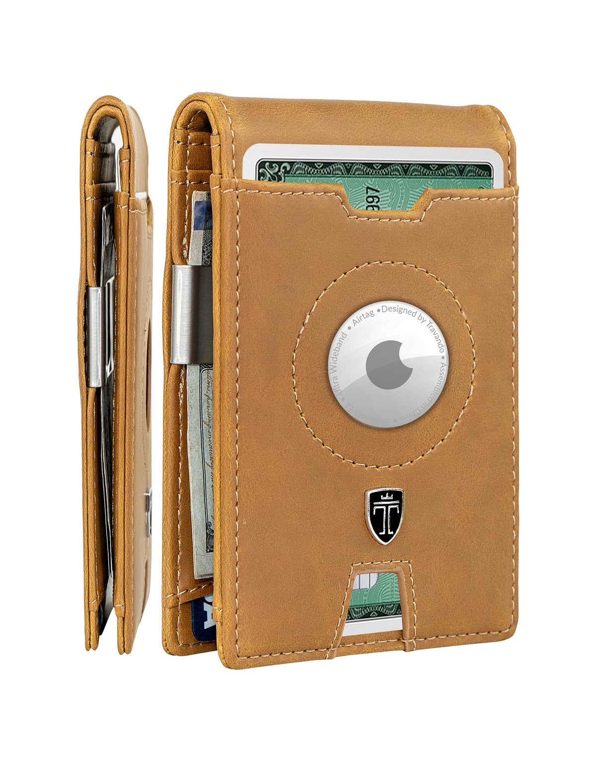 TRAVANDO AirTag* Wallet Mens Wallet with Money Clip Air Tag Wallet Card Holder RFID Blocking Bifold Gifts for Men (Cognac Brown)