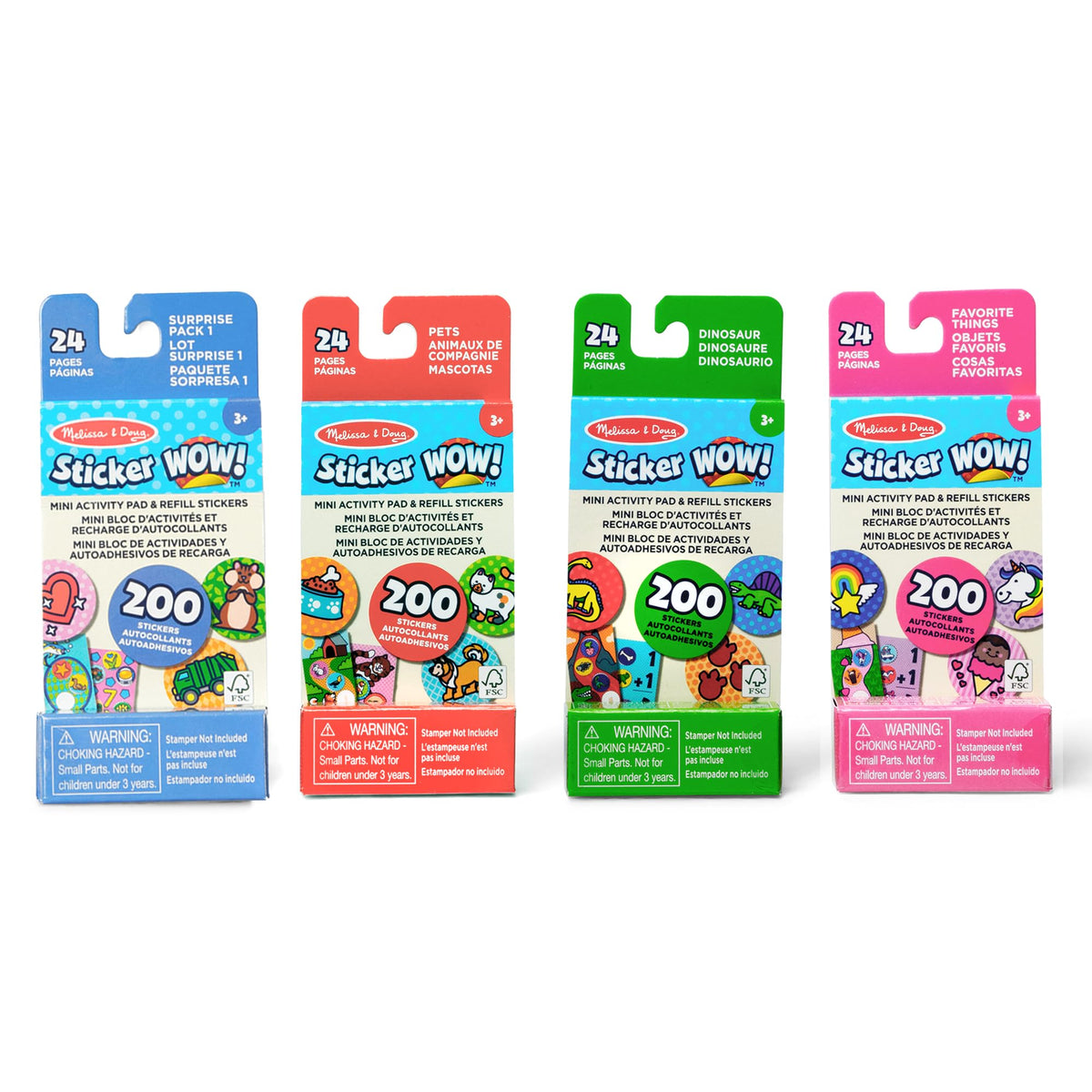 Melissa & Doug Sticker Wow Mini Activity Pad & Refill Stickers Bundle (4 Refills - 1 of Each Style) Each pack contains 200 stickers for children aged 3+, Surprise Pack, Pets, Dinosaur, and Favorite Things