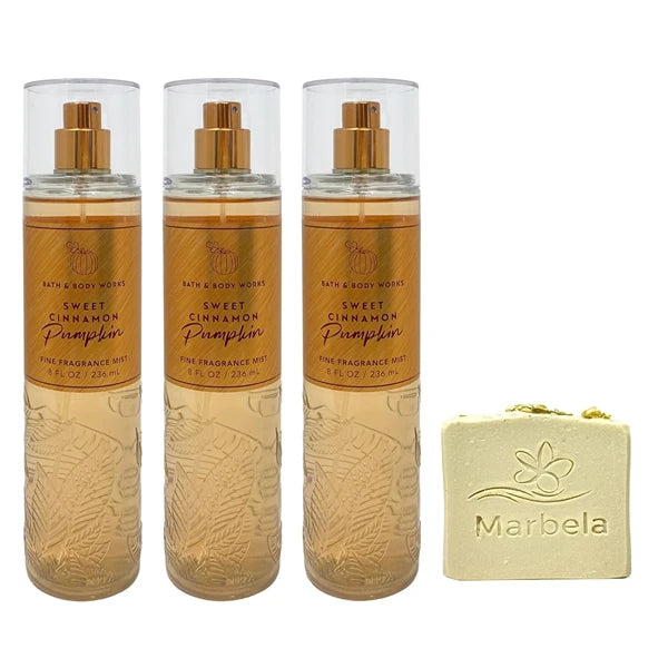 Bath & Body Works Sweet Cinnamon Pumpkin 3 Pack Fragrance Mist Bundle with a Wild Jasmine Bar Soap - Full Size