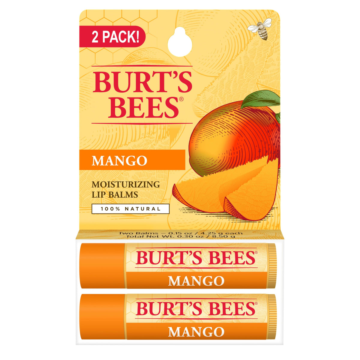 Burt's Bees 100% Natural Moisturizing Lip Balm, Mango with Beeswax & Fruit Extracts - 2 Tubes