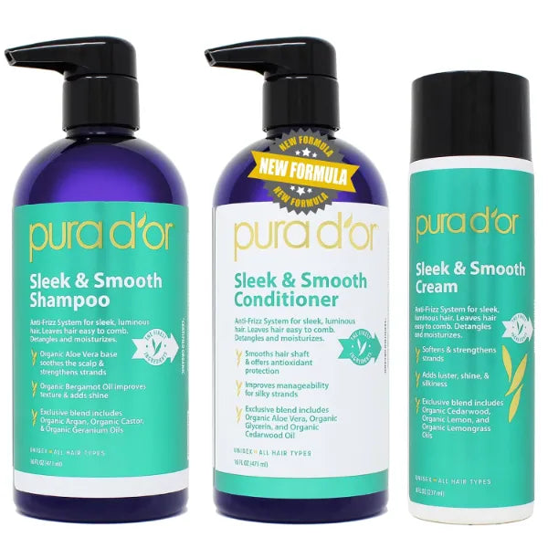PURA D'OR 3-Piece Complete Set (Shampoo, Conditioner, Cream) For Sleek & Smooth, Frizz-Free, Silky Hair - Infused with Organic Aloe Vera, Argan, Castor, Bergamot & Geranium Oils