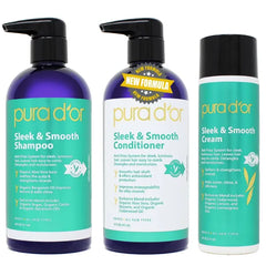 PURA D'OR 3-Piece Complete Set (Shampoo, Conditioner, Cream) For Sleek & Smooth, Frizz-Free, Silky Hair - Infused with Organic Aloe Vera, Argan, Castor, Bergamot & Geranium Oils
