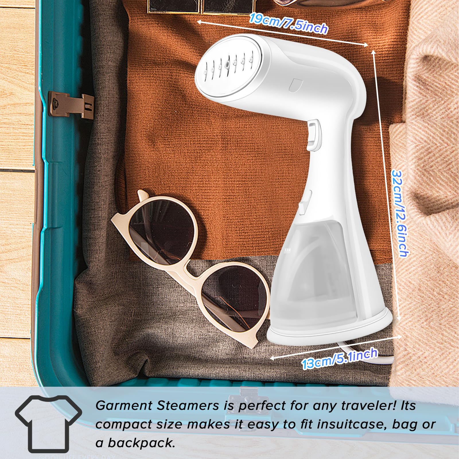 Necomi Handheld Garment Steamer, 1500W Steam Iron with 300ML Large Water Tank, Wrinkle Remover with iron steamer, 30S Fast Heating, Auto-off, Portable Steamer Clothes for Travel, Home, Office
