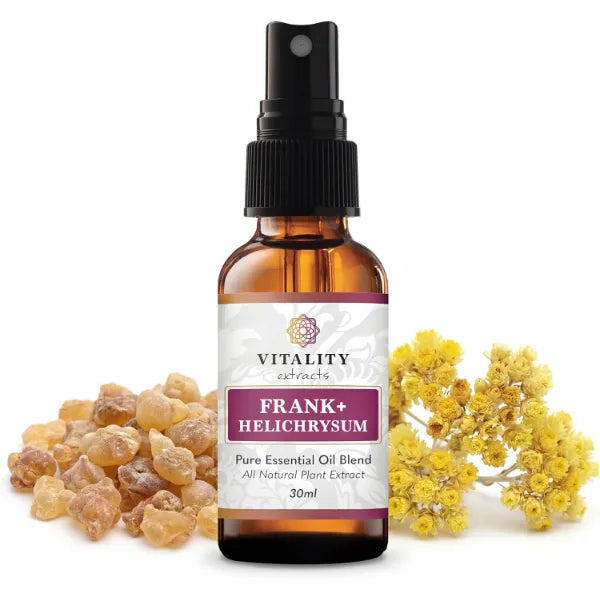 Vitality Extracts Frank+ Helichrysum Essential Oil Blend - 30ml Spray Bottle, Frankincense Boswellia Seratta, Aromatherapy, Soft Skin, Relief from Daily Aches & Soreness, Natural