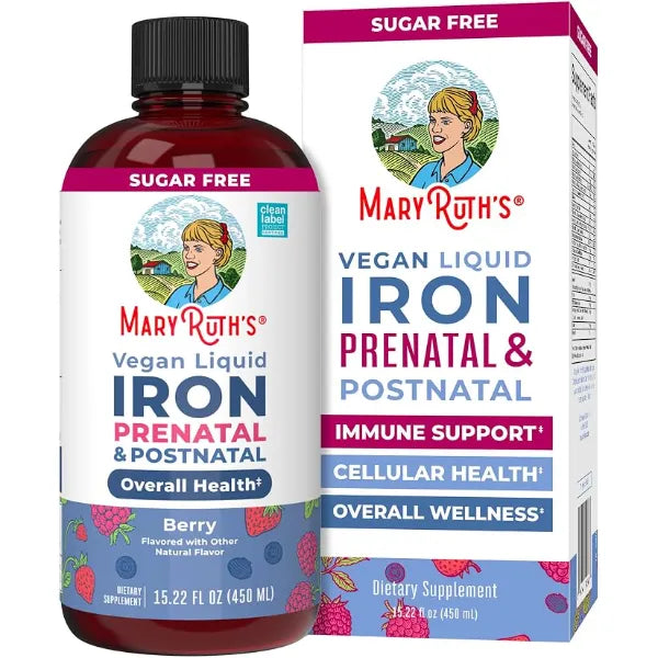 MARYRUTH'S Prenatal & Postnatal Iron Liquid, Sugar Free, Vegan, 15.22 Fl Oz | Bioavailable Ferrochel, Red Blood Cell Production, Sugar Free, Vegan, Non-GMO