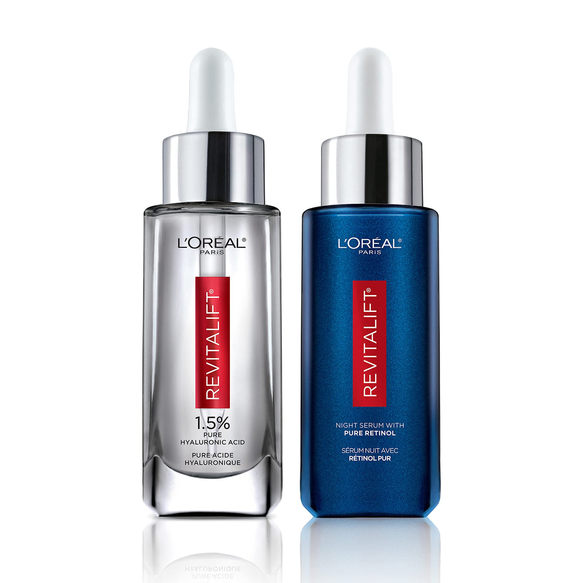 L'Oréal Paris 1.5% Pure Hyaluronic Acid with Vitamin C and 0.3% Retinol Serum for Face Revitalift Derm Intensives Anti Aging Skin Care Day Night Regimen, 1 Fl Oz (Pack of 2)
