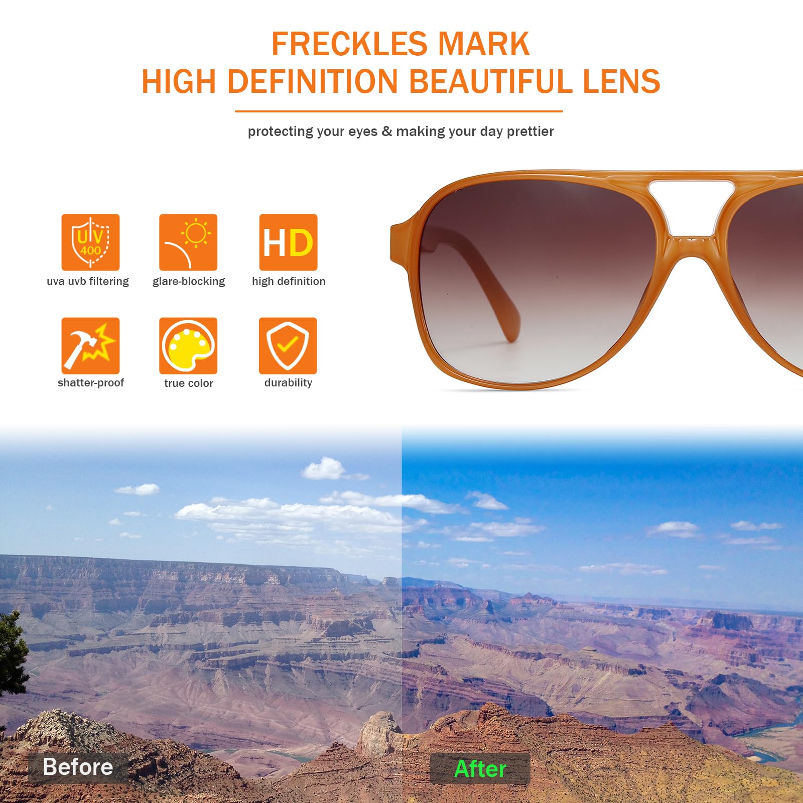 Freckles Mark Vintage Retro 70s Sunglasses for Women Men Classic Large Squared Aviator Frame UV400 Trendy Orange Glasses