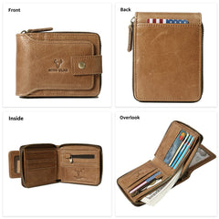 MING CLAN Zipper Wallet Men RFID Blocking Leather Bifold Wallets For Men - Flap ID Window Zip Coin Pocket Mens Zipper Wallets - Big Capacity - Tobacco