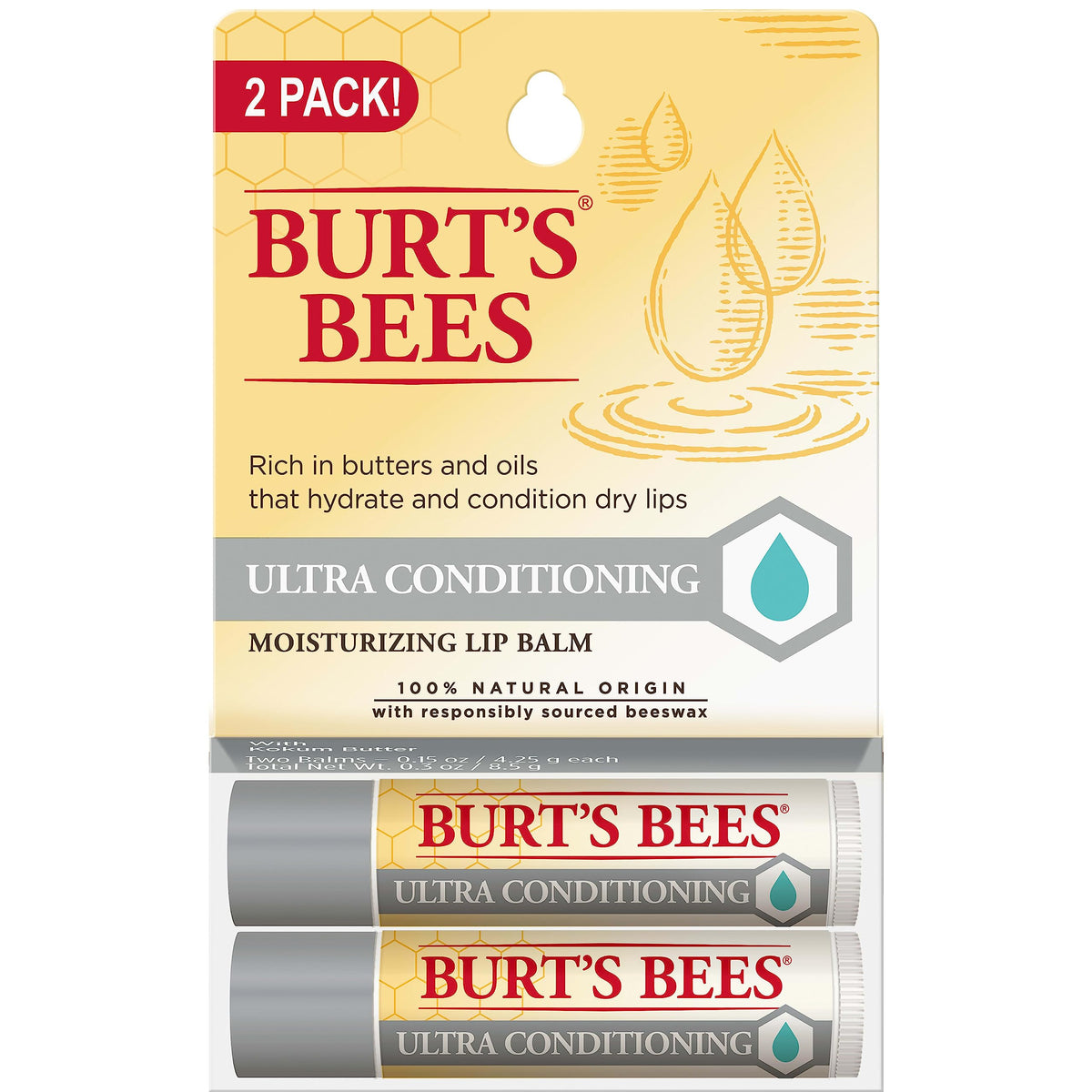 Burt's Bees 100% Natural Moisturizing Lip Balm, Ultra Conditioning with Kokum Butter, Shea Butter & Cocoa Butter - 2 Tubes