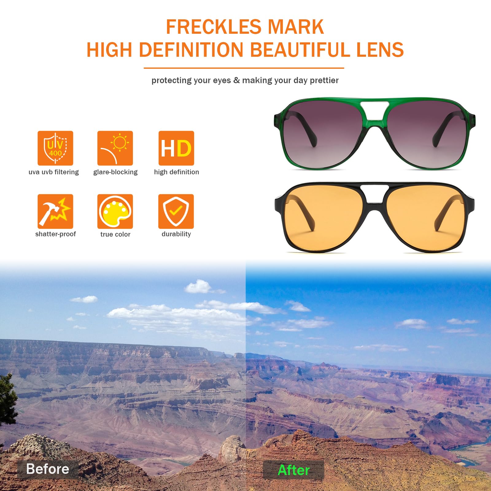 Freckles Mark Vintage Retro 70s Sunglasses for Women Men Classic Large Squared Aviator Frame UV400 Trendy Orange Glasses