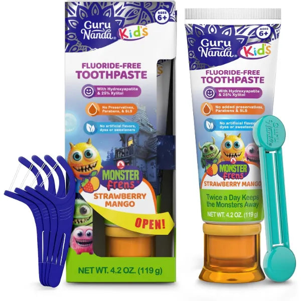 GuruNanda Kids Toothpaste with 2% Hydroxyapatite & 25% Xylitol, Fluoride-Free, Strawberry Mango Flavor, Safe if Swallowed, Gentle Formula for Young Teeth & Gums, with Squeezer & Floss Picks, 4.2 oz