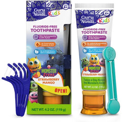 GuruNanda Kids Toothpaste with 2% Hydroxyapatite & 25% Xylitol, Fluoride-Free, Strawberry Mango Flavor, Safe if Swallowed, Gentle Formula for Young Teeth & Gums, with Squeezer & Floss Picks, 4.2 oz