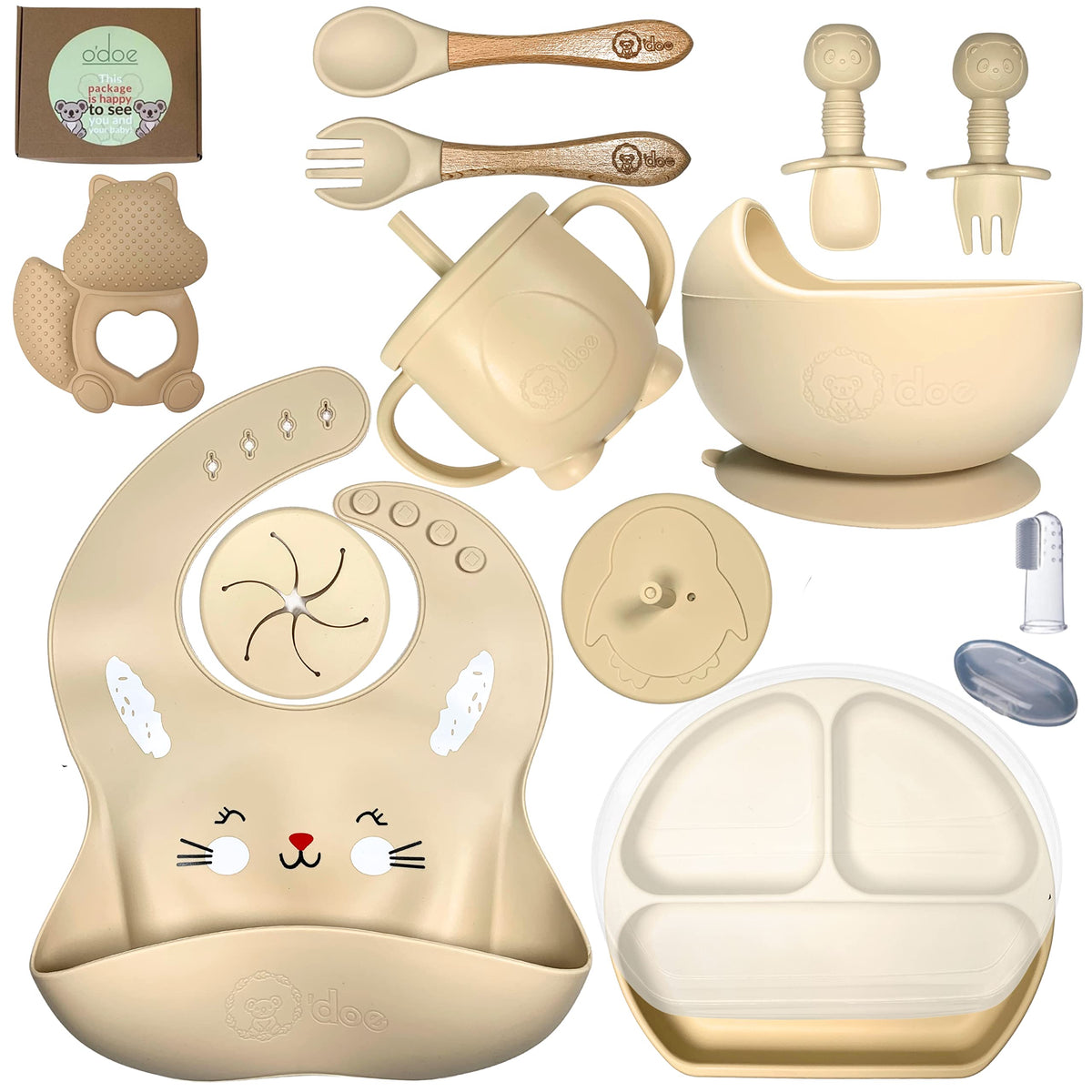 O'doe Baby Led Weaning Feeding Supplies for Toddlers, Baby Feeding Set | Suction Silicone Baby Bowl-Self Eating Utensils Set with Spoons, Bibs, Toddlers Spoon Set | Plate Kit