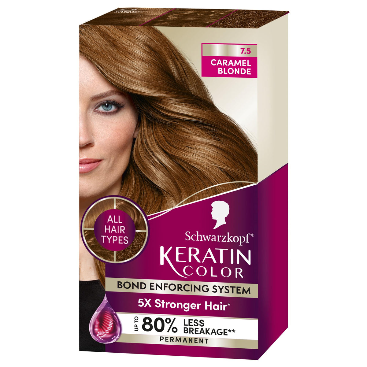 Schwarzkopf Keratin Color Permanent Hair Dye 7.5 Caramel Blonde, Professionally Inspired Permanent Hair Dye for up to 80% less breakage compared to untreated hair and 100% gray coverage