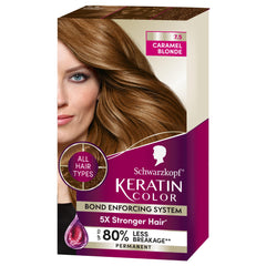 Schwarzkopf Keratin Color Permanent Hair Dye 7.5 Caramel Blonde, Professionally Inspired Permanent Hair Dye for up to 80% less breakage compared to untreated hair and 100% gray coverage