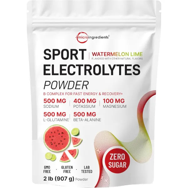 Micro Ingredients Electrolytes Powder, 2 lbs | 90 Servings | Sugar Free Workout Hydration | Potassium, Sodium, L-Glutamine, Beta-Alanine, & More | Watermelon Lime Flavor | Non-GMO, Gluten Free
