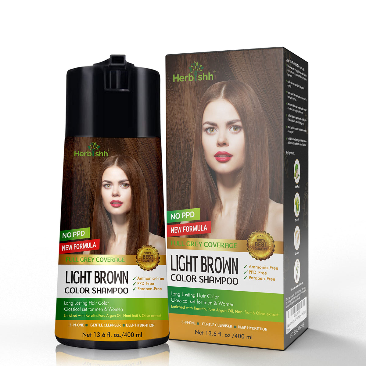 Herbishh Hair Color Shampoo For Gray Hair – Enriched Color Shampoo Hair Dye Formula – Hair Dye Shampoo And Conditioner – Long Lasting & Diy, 400ml (Light Brown)