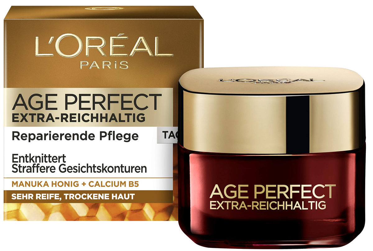 L’Oréal Paris Day Cream, Age Perfect Extra Rich Anti-Ageing Face Care, Wrinkle and Firming, for Very Mature and Dry Skin, with Manuka Honey and Calcium B5, 50 ml