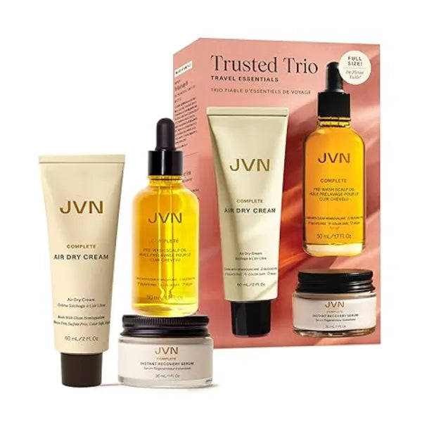 JVN Trusted Trio Travel Essentials Hair Products, Pack of 3, Includes Air Dry Cream, Instant Recovery Serum, and Pre Wash Scalp Oil, Hair Care for Women and Men, Silicone Free