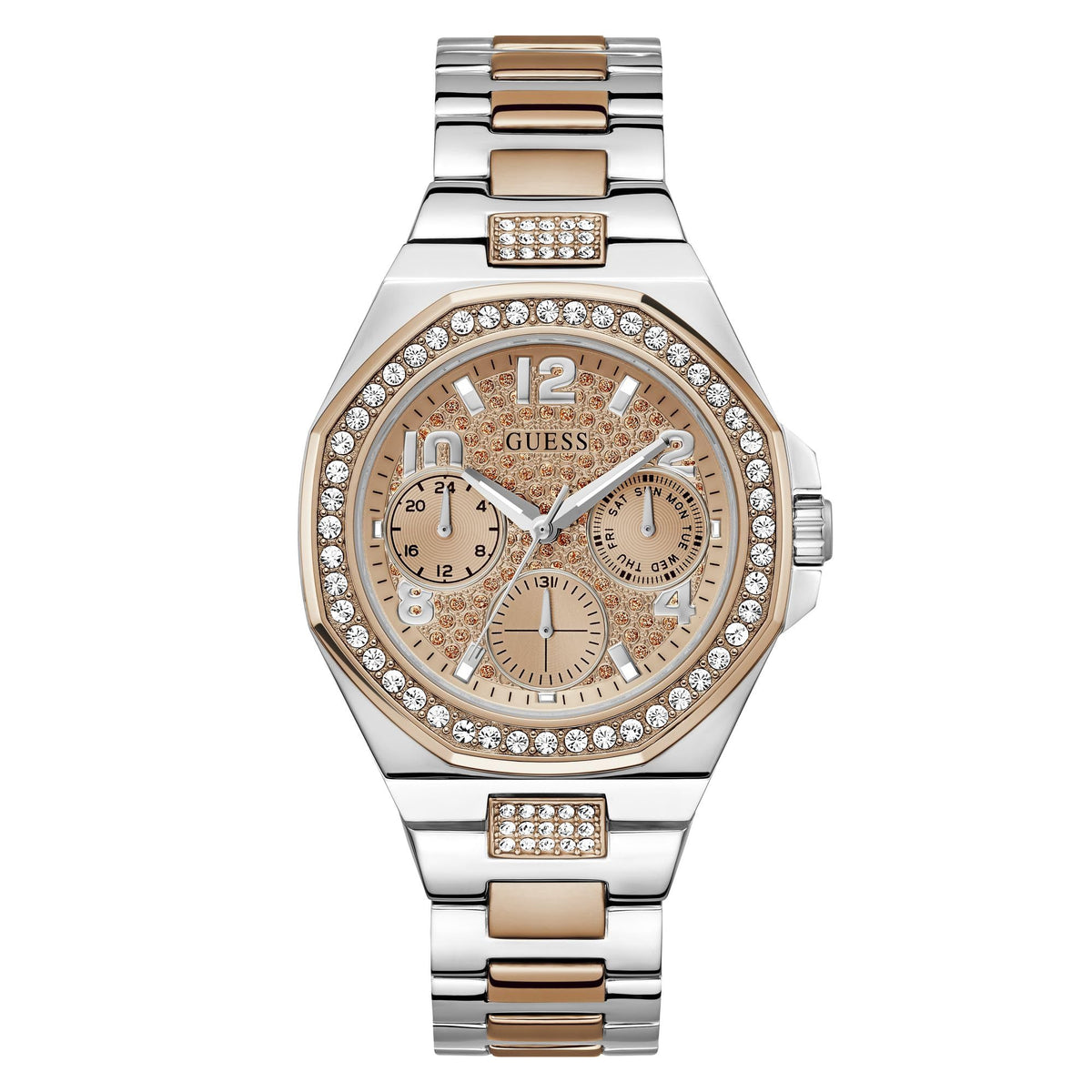 GUESS P SLV CS W/P RS GLD TOP PART W/CRYS/SUN RS GLD GLITZ MF DL/P SLV & RS GLD BRCT W/CRYS
