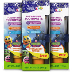 GuruNanda Kids Toothpaste with 2% Hydroxyapatite & 25% Xylitol, Fluoride-Free, Strawberry Mango Flavor, Safe if Swallowed, Gentle Formula for Young Teeth & Gums, with Squeezer & Floss Picks, 4.2 oz