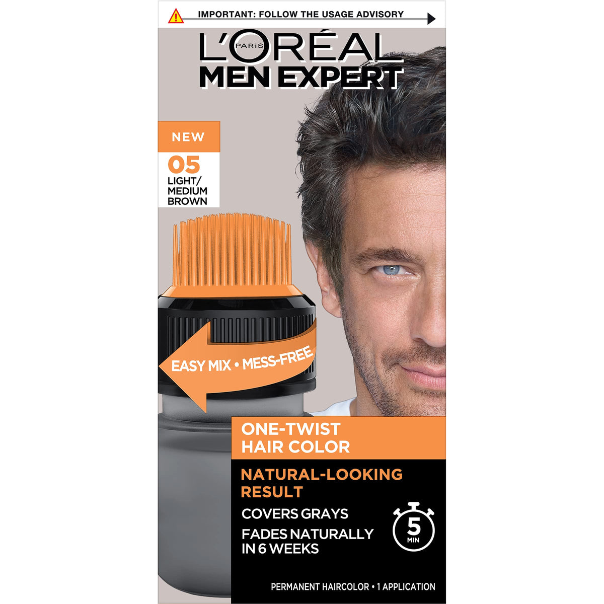 L’Oréal Paris Men Expert One Twist Mess Free Permanent Hair Color, Mens Hair Dye to Cover Grays, Easy No Mix Ammonia Free Application, Light Medium Brown 05, 1 Application Kit