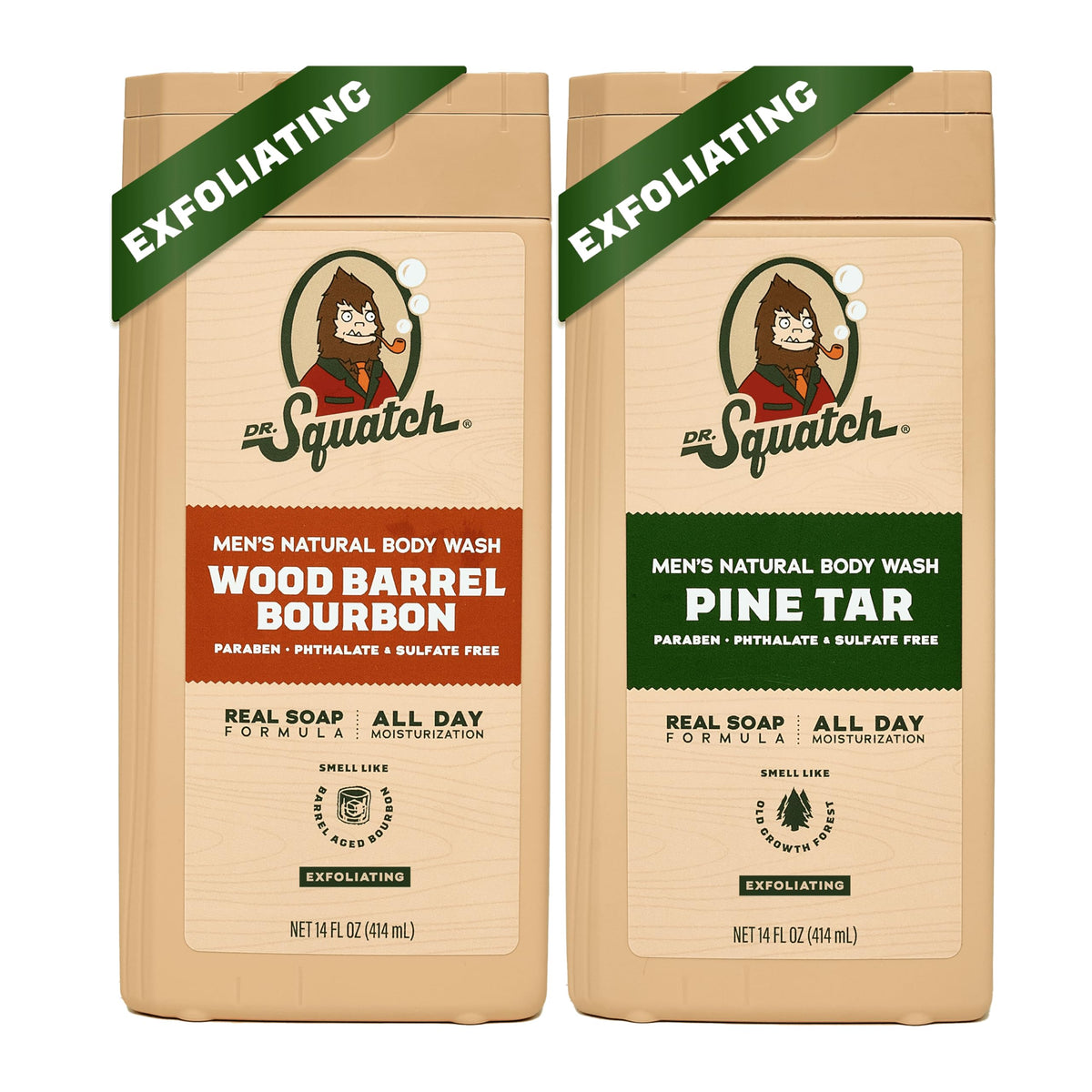 Dr. Squatch NEW Body Wash for Men with Nourishing, Natural Ingredients | No Paraben, Phthalate, Sulfate | All Day Moisture | Long Lasting Scent | Wood Barrel Bourbon & Pine Tar (14 oz, 2-Pack)