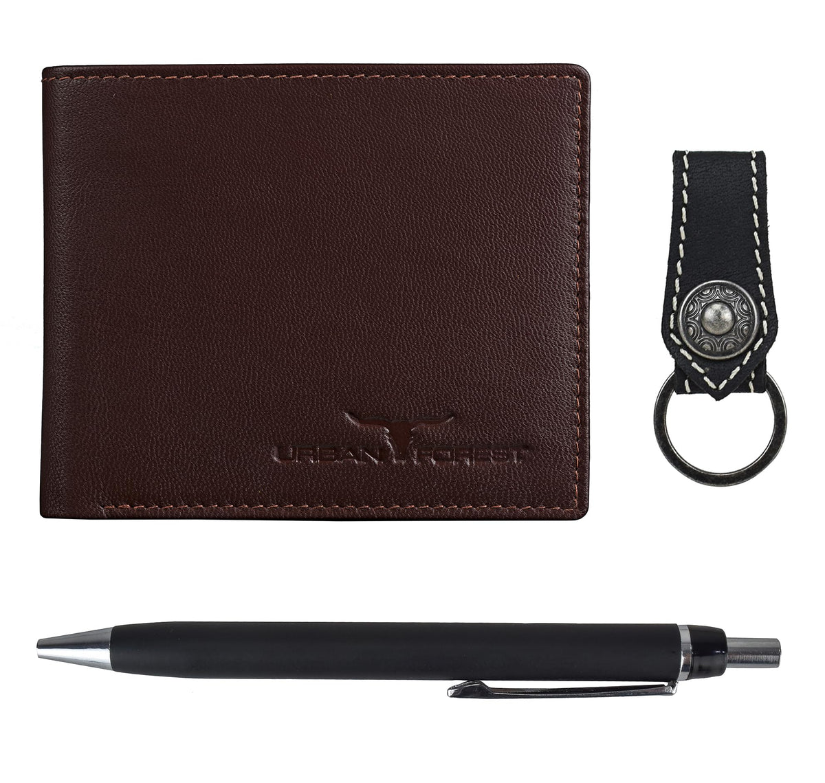 URBAN FOREST James Leather Wallet Combo for Men - Classic Medium Brown Men's Leather Wallet, Keyring & Pen Combo Gift Set for Men