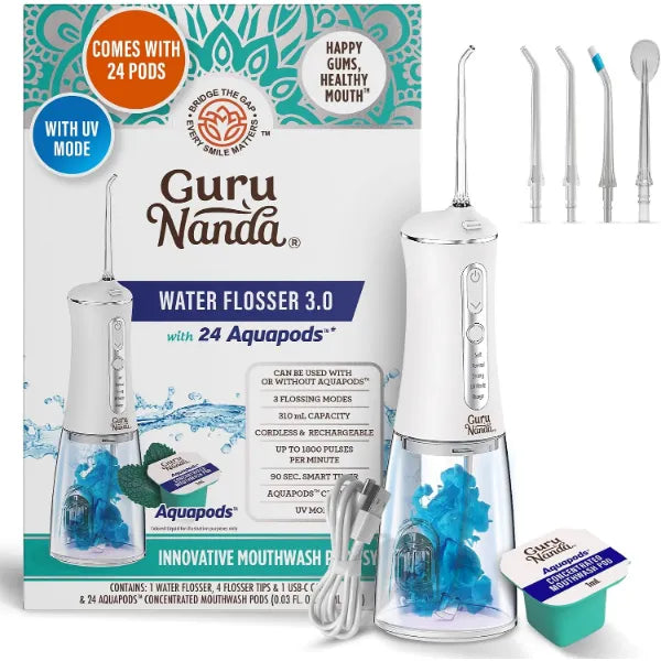 GuruNanda Advanced Dental Water Flosser 3.0 with UV Mode Water Flosser & 24 Aquapods with Mouthwash for Fresh Breath & Plaque Removal, Compact & TSA-Friendly