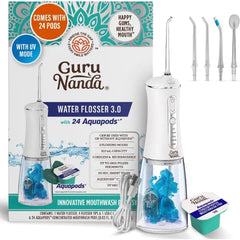 GuruNanda Advanced Dental Water Flosser 3.0 with UV Mode Water Flosser & 24 Aquapods with Mouthwash for Fresh Breath & Plaque Removal, Compact & TSA-Friendly