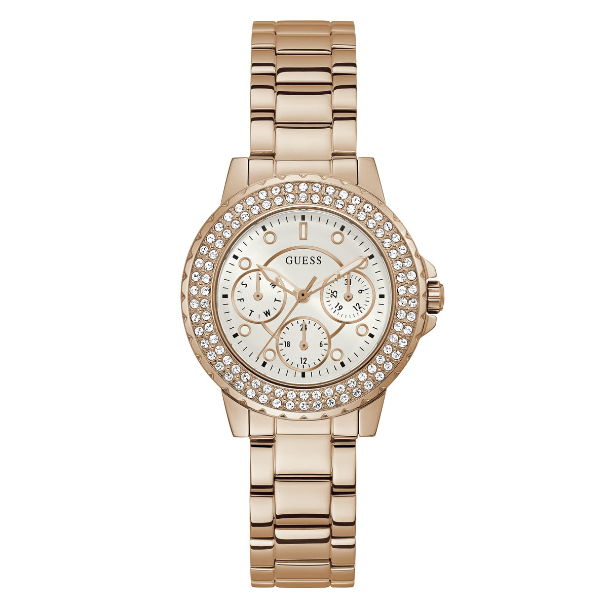 GUESS Ladies Sport Crystal Multifunction 36mm Watch – White Dial Rose Gold-Tone Stainless Steel Case with Blue Silicone Strap