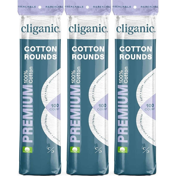 Cliganic Premium Cotton Rounds for Face (300 Count) - Makeup Remover Pads, Hypoallergenic, Lint-Free | 100% Pure Cotton