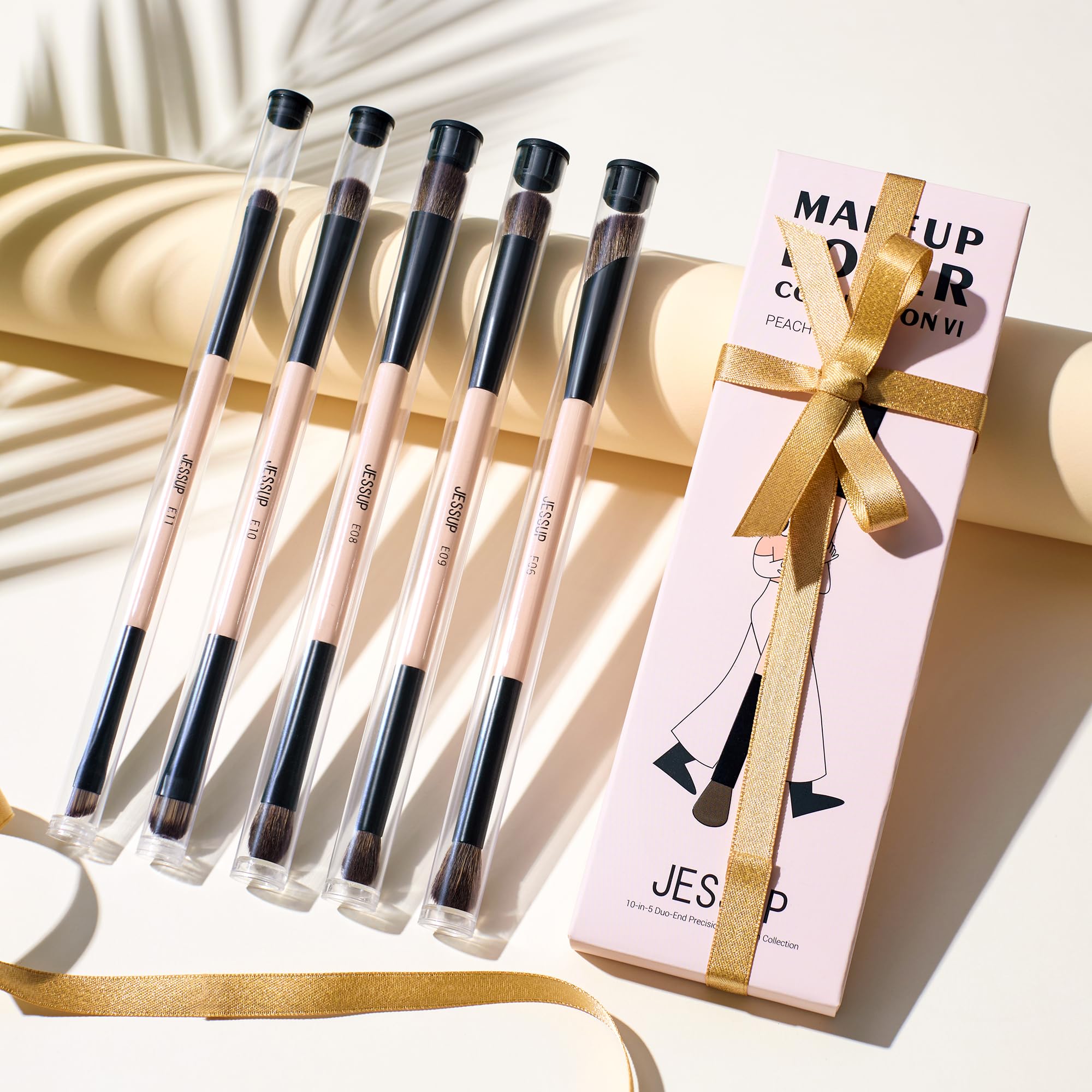 Jessup Makeup Brushes 10-in-5 Double Ended Eyeshadow Brush Contour Brush Blending Brush Eyeliner Brush Shader Brush, Vegan Fiber Precision Eye Brush Set Peach Dust T509