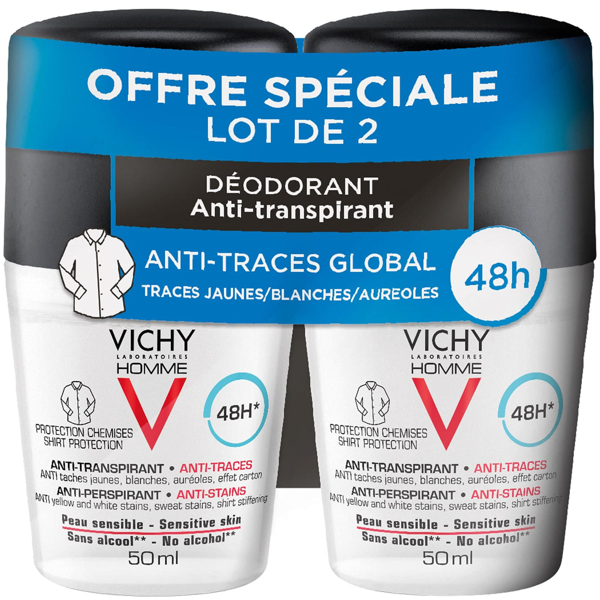 VICHY Homme Anti-transparent 48h Roll-on Deo - 2Pz