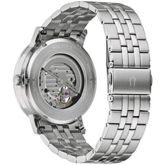 Bulova Men's Classic Dress 3-Hand 21- Jewel Automatic Watch, 42 Hour Reserve, Hack Feature, Sub-Second Hand, Open Aperture Dial, Exhibition Case Back, 42mm - Stainless Steel/ Blue Dial