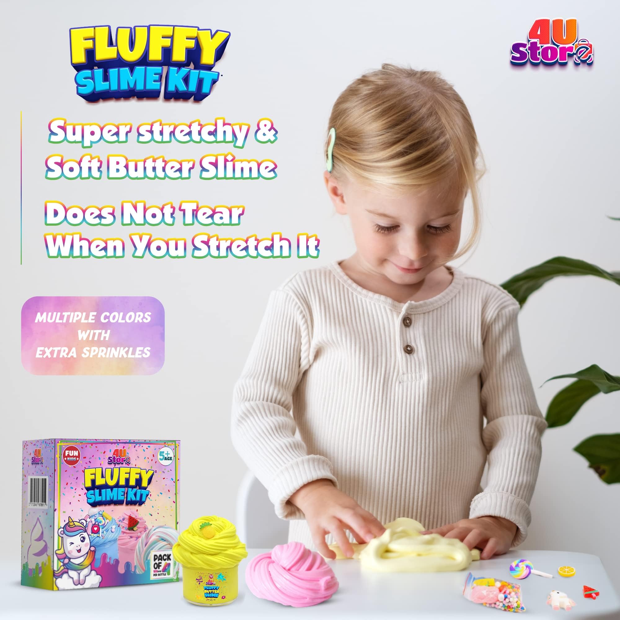 4USTORE (800ML) Butter Slime Kit for Kids, Girls & Boys - Non-Sticky, Scented, Soft & Glossy to Make Your Own Cloud Slime – Stress Relief Party Favors & Great Gift Idea 8 Bottles (100ml Per Bottle)