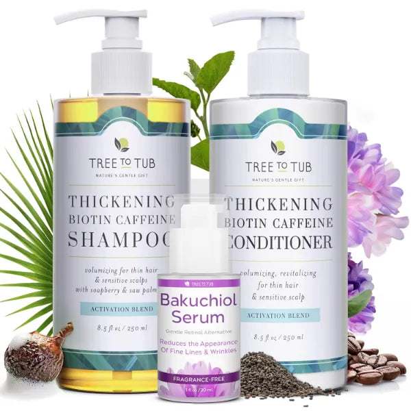 Tree To Tub Bakuchiol Serum, Biotin Caffeine Shampoo & Conditioner Bundle – Daily Face & Hair Care with Peptides, Hyaluronic Acid, Biotin & Soapberry for Soft-Looking Skin and Fuller-Looking Hair