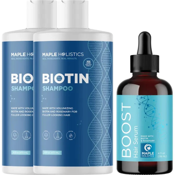 Maple Holistics BOOST Biotin Hair Serum plus Biotin Shampoo 2 Pack Bundle - Hair Thickening Serum with Castor and Rosemary plus Volumizing Biotin Shampoo Set for Men and Women