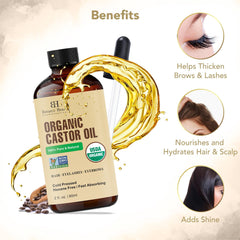 Botanic Hearth Castor Oil | 60 ml | USDA Certified Organic |100% Pure & Hexane Free | Cold Pressed | Growth for Eyelashes, Eyebrows, Hair | With Eyebrow & Eyelash Brush