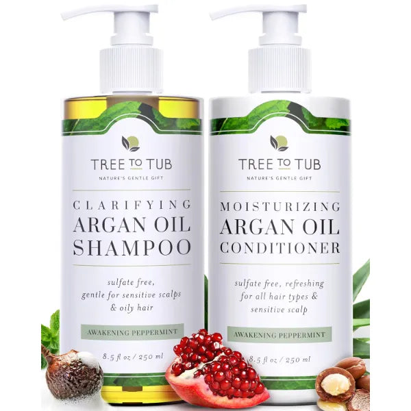 Tree to Tub Sulfate Free Shampoo & Conditioner Set for Oily Hair, Frizz, Sensitive Scalp - Hydrating Argan Oil Shampoo and Conditioner for Women & Men w/Organic Coconut Oil, All Natural Peppermint