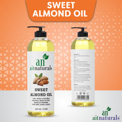 Aitnaturals Organic Sweet Almond Oil - 473ml | 100% Pure, Cold-Pressed | Ideal for Hair Growth, Nails, Glowing Skin and Face | Vitamin E Carrier Oil for Moisturizing, Facial Polish and Body Massages