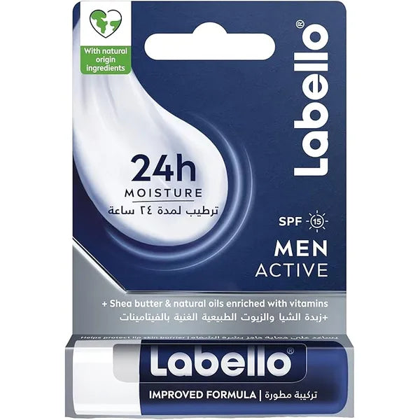 Labello Men Active Lip Balm, SPF 15, 24H Melt-In Moisture, with naturally derived ingredients, Mineral Oil Free, Fragrance Free, 4.8g