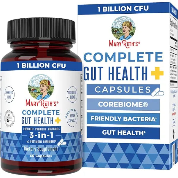MARYRUTH'S Complete Gut Health+ Probiotic Capsules, with Post & Prebiotics | Prebiotics & Postbiotics, 5 Probiotic Strains, 1 Billion CFU, Vegan Gut Support, 30 Servings
