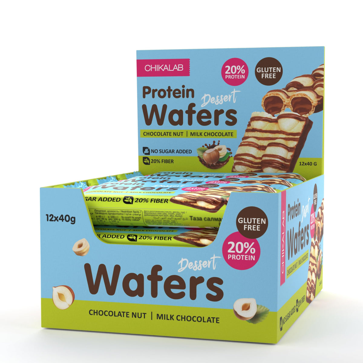 Chikalab Protein Wafers Dessert Milk Chocolate with Chocolate Hazelnut Filling Gluten Free & No Sugar Added - 40g (Pack of 12)