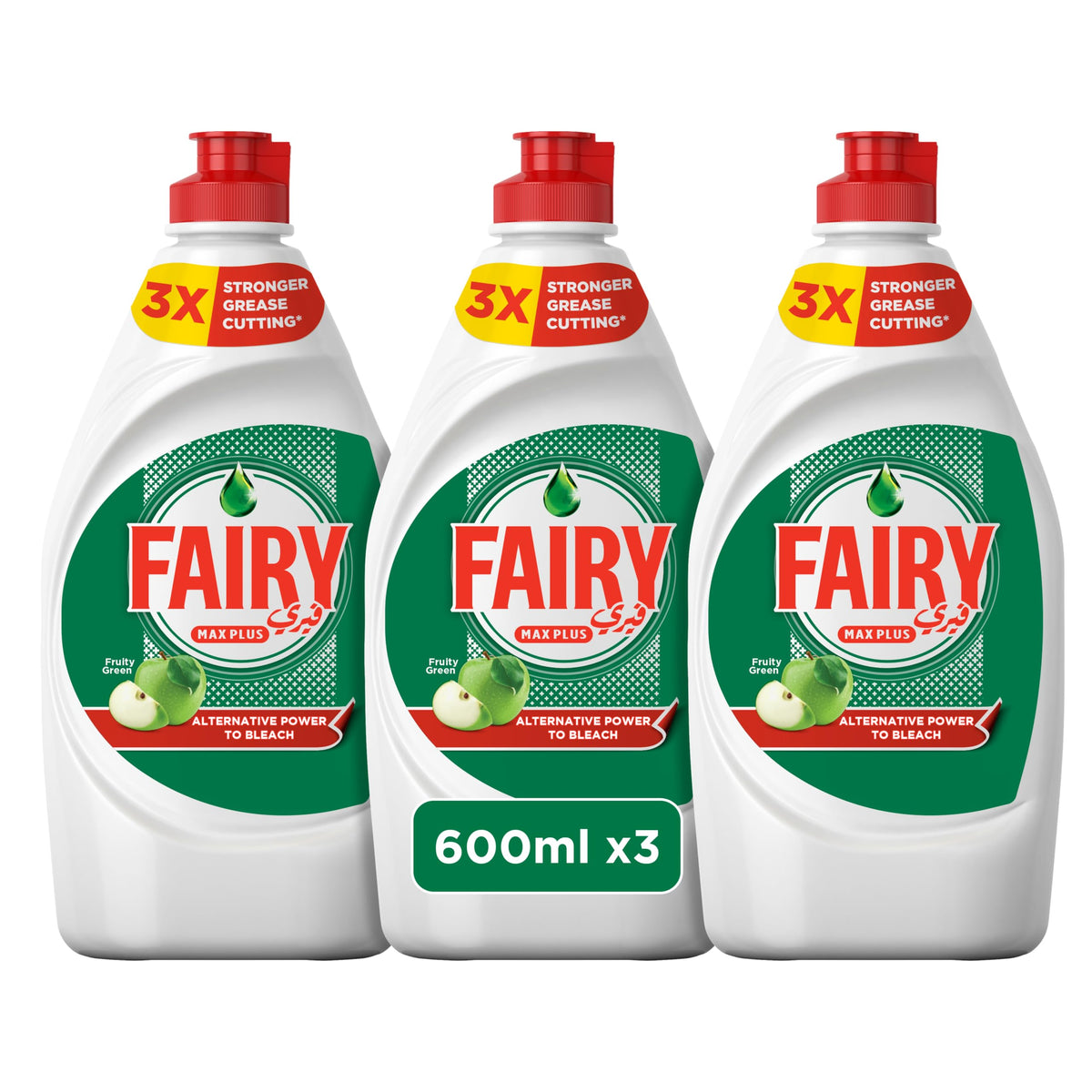 Fairy Max Plus Fruity Green Dishwashing Liquid Soap With Alternative Power To Bleach, 3x600ml