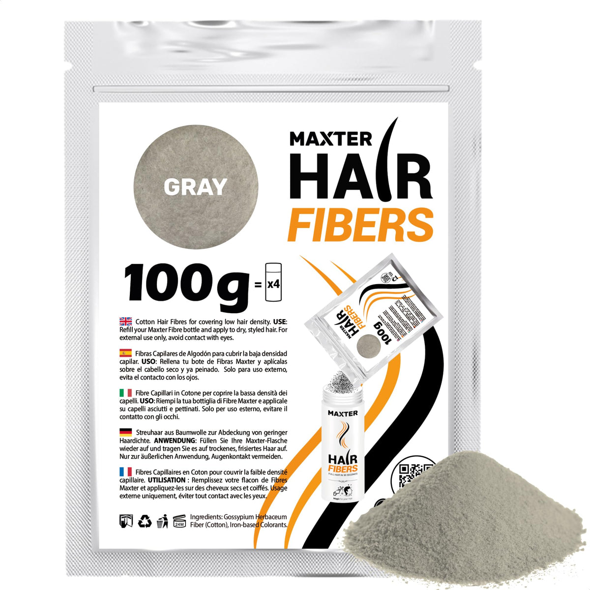 Maxter REFILL BAG HAIR FIBER Grey 100g - Hair fibers for Men & Women - 100% Natural Powder for Building, Thickening and Covering Loss